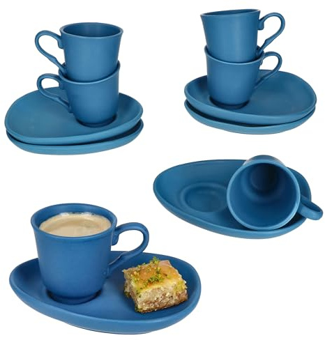 MamboCat 6er Set MOKKA Espressotassen mit Untertassen Blau matt I für 6 Personen I Porzellan-Set für Frühstück & Kaffee I Je 6x kleine Tassen & Untertassen