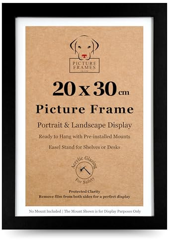20x30cm Black Picture Frame – Modern Photo & Poster Frame for Pictures, Art Prints, Certificates & Wall Display, Shatterproof Perspex Front, Portrait or Landscape Hanging and Freestanding