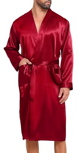 Lovasy Mens Satin Robe Kimono Dressing Gown Lightweight Silk Bathrobe with Pockets,Red,XL