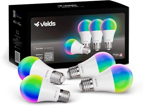 Velds Smart Light Bulbs, Dimmable Color Changing LED RGBW, Compatible with Alexa & Google Home, WiFi 2,4GHz & Bluetooth A19 E26, 9W 800LM 60W Equivalent, Music Sync, No Hub Required, 4 Pack