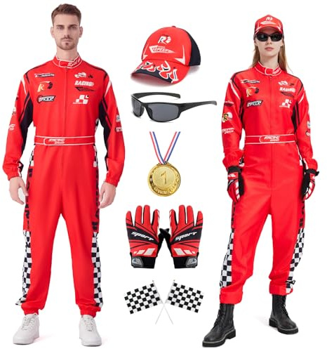 Costume de pilote de voiture de course pour homme et femme – Combinaison avec chapeau, lunettes de soleil, gants – Tenue de coureur d'Halloween pour adulte (Rouge, S)