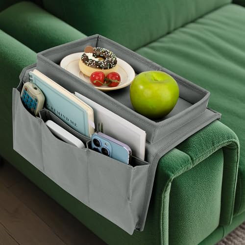 Jesustree Organizzatore Divano, Portaoggetti per Vassoio Bracciolo da Divano Borsa con 5 Tasche per Telecomandi, Resistente Antiscivolo per Poltrona Divano, Telefoni, Libri, Riviste, Grigio