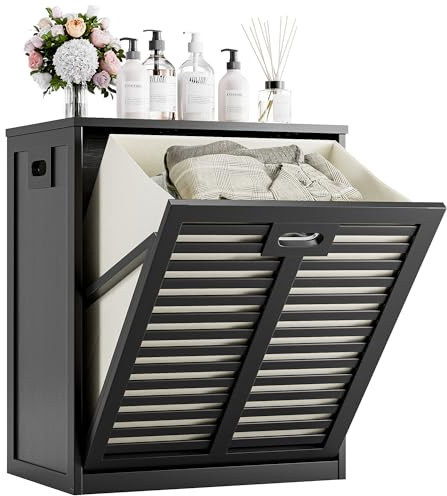 HITNET Armario de Baño con Cesto Ropa Sucia, Mueble Ropa Sucia de Bambú, Cesta Lavandería, Bolsa Interior Extraíble con Asas para sala de estar y dormitorio, Negro