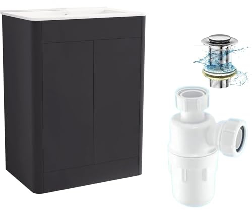 BELOFAY Vanity Unit with Basin | 600mm Floor Standing Bathroom Vanity Unit with Basin | High Gloss Grey | Push to Open Doors with 1 Tap Hole Ceramic Basin, Trap & Waste, Tap not included (Edison Grey)