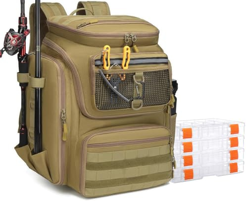 BlesMaller Sac à Dos de Pêche avec Porte-Canne 45L Large Résistant à l'eau Sac de Rangement pour Accessoires de Pêche pour la Randonnée, Camping, Trekking, Sport de Plein Air