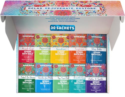 Scented Epsom Bath Salts Gift Set – 30 x 35g Sachets | Assorted Fragrances with Essential Oils | Relaxing Bath & Foot Soak | Natural Magnesium Sulphate for Stress Relief, Sleep & Muscle Recovery