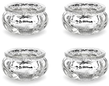 Teelichtgläser 6x3cm Kerzenhalter Windlicht Kerzenglas 4er Set Hochzeit Weihnachten Tischdeko Silber/Vintage Teelichhalter aus Glas in schick-rustikaler Optik 4 Stück