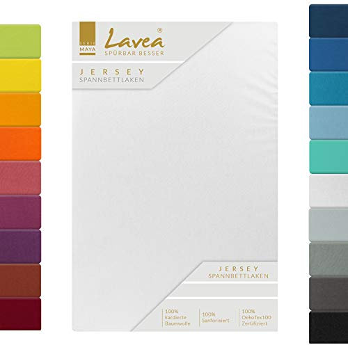 Lavea Spannbettlaken 200x220cm - aus atmungsaktiver Baumwolle - Passgenau für Boxspringmatratzen bis 40cm - Weißes Bettlaken mit Gummizug - Jersey Spannbetttuch 200x220cm