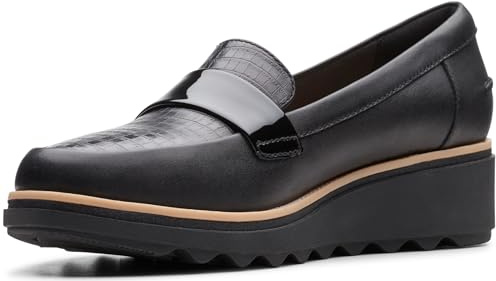 Clarks womens Sharon Gracie Penny Loafer, Black Leather With Dark Tan Welt