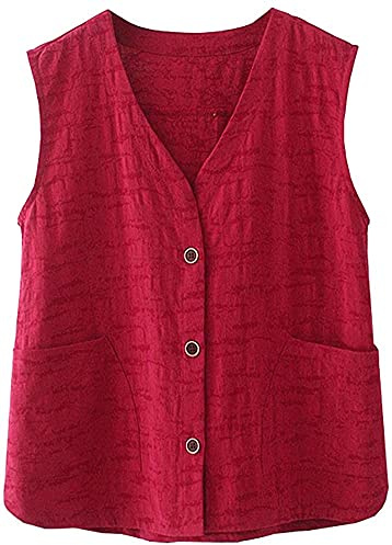 Lazutom - Gilet da donna in lino e cotone con scollo a V, jacquard, senza maniche, abbottonatura sul davanti, Rosso, 48