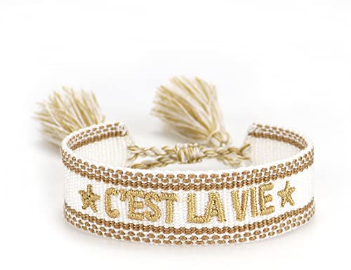 Generisch gewebtes Armband, Freundschaftsarmband, Webarmband, besticktes Armband (C´EST LA VIE weiß/beige)