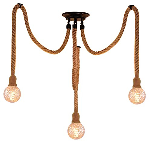 Hotloop Hampa rep hängande ljuskrona lampa vintage industriell taklampa 3 huvuden, lantlig stil trä replampa för E27 Edison kreativ restaurang lampa café bar