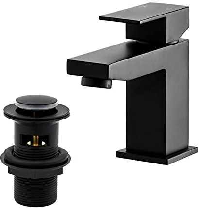 Matte Black Square Basin Taps with Drain, BATHWEST Basin Mixer Taps with Pop Up Waste, Monobloc Brass Basin Taps with Sink Plug 492MBK