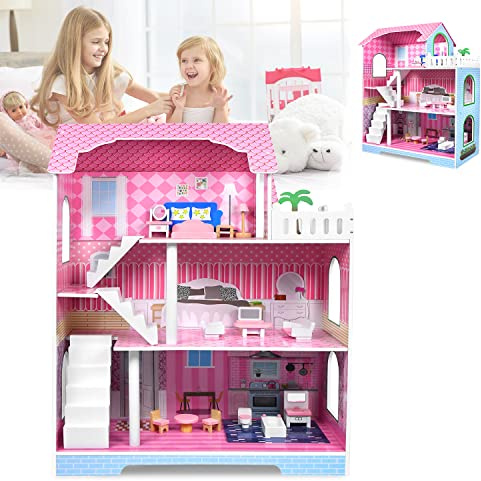 LZQ Casa de muñecas de madera, 3 pisos, para niños y niñas, 2 años en adelante, 100*70*30cm, Rosa, Clásico
