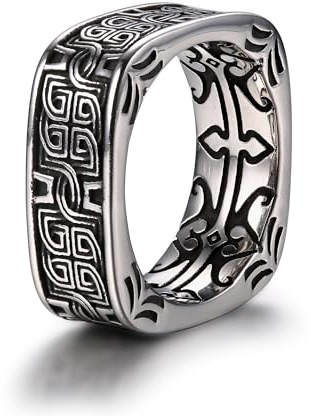 GTHIC Anello a fascia Pangu tondo quadrato retrò in acciaio inossidabile per uomo e donna nodo celtico tono argento prepotente gioielli vichinghi unisex taglia USA 9