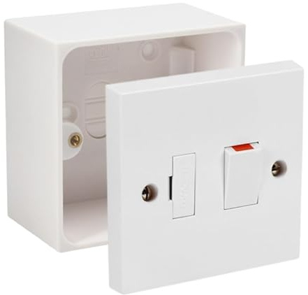 Fused Spur Side Flex 13Amps White Electrical Connection Unit - Optional Neon Indicator, Single 25/35/45mm Pattress Back Box Surface Mounted 1 Gang (Switched Fused Spur, SET with 45mm Box)