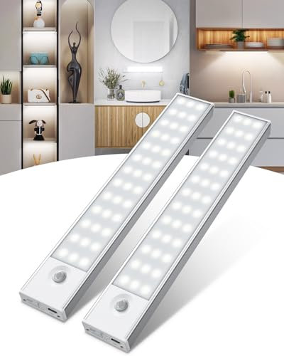 TNMOO Under Cabinet Kitchen Lights, 2Pack 78LEDCupboard Light Motion Sensor Lights Indoor with 4 Modes, Rechargeable Under Counter Lights for Wardrobe, Kitchen, Closet, Stair