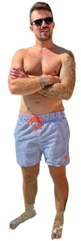 Haute pression Men's Short de Bain Homme, B257 Rayures Blanches et Bleu, Details Orange Fluo Swim Diaper, White/Blue, 32
