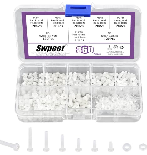 Swpeet 360 st 6 storlekar M3 vit nylon pan runda huvudskruvar med sexkantsmuttrar och brickor, sortimentssats, nylon Phillips Cross pan rund huvudskruv, längd 4/5/6/8/10/12 mm