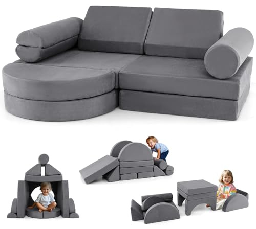 GYMAX 13-Piece Kids Play Sofa, Modular Toddler Chair Couch for Girls Boys, Fold Out Foam Couch for Playroom Bedroom, Convertible Children Sectional Playset for Playing Creativing (Grey)
