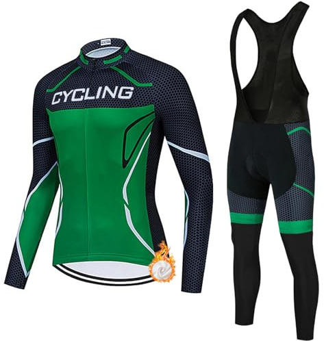 Ropa Ciclismo Hombre Conjunto Bici MTB Invierno Maillot Ciclista Polar Térmico,Traje Bicicleta Chaquetas Ciclo Manga Larga y Pantalones Tirantes con 19D Gel Acolchado,Completa de BTT Jerseys|3,XL