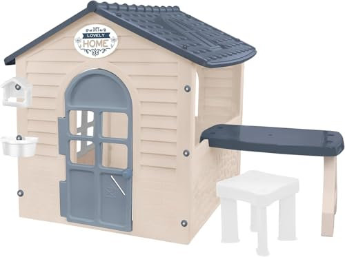 Mochtoys Spielhaus für Kinder - Kinderspielhaus für Drinnen und Draußen, Gartenspielhaus mit angebautem Tisch und Hocker, 175x120x120,5 cm