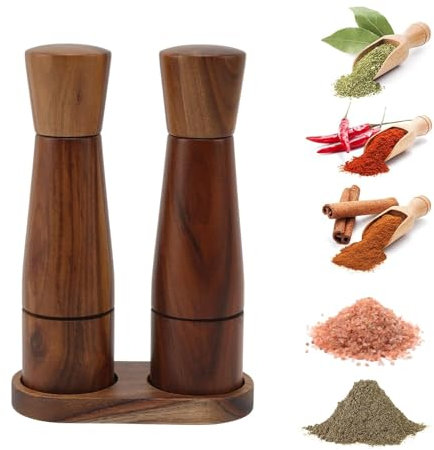 Set di 2 macinasale e pepe in legno con vassoio, affilatura regolabile, macinaspezie ricaricabili per la cucina