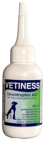 vetiness Gocce per le orecchie AG 25 – Cura delle orecchie con argento colloidale e aloe vera – Detergente per cani e gatti – 50 ml