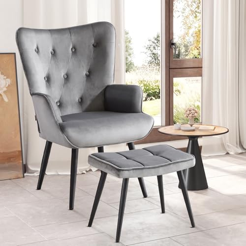 Ckaff Fauteuil Salon avec Repose-Pieds, Fauteuil Scandinave Relax en Velours avec Accoudoirs & Dossier, Chaise Chambre pour Salle à Manger, Salon, Chambre, Chaise Bureau, Allaitement, Gris