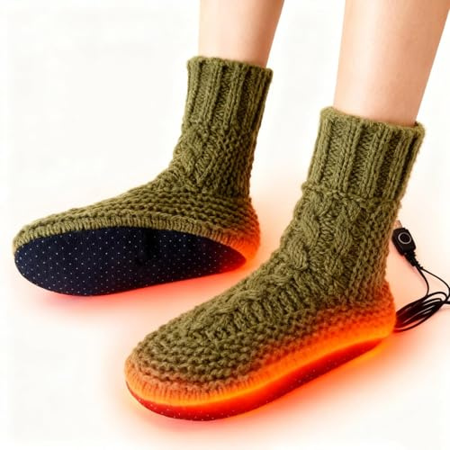 USB Heated Socks Slippers for Indoor, Electric Socks Foot Warmers Winter Fleece Heating Pad Knitted, Thermal Heat Feet Warmer Boots Rechargeable Anti-Slip Home Foot Heater for Men Women (Green)