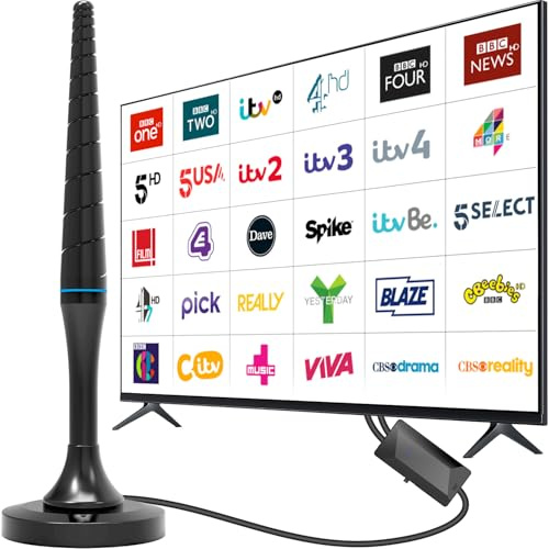 Indoor TV Aerial, 2026 Upgraded HD TV Aerial Indoor with Signal Booster & Magnetic Base, 360° Reception Freeview Aerial for Smart TV Supports 4K 1080P HD Local Channels, 3M Coaxial Cable (PL3)