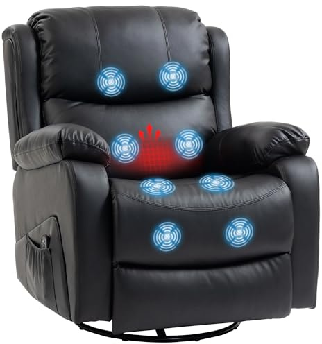 HOMCOM Poltrona Massaggiante Reclinabile Manuale 145° Riscaldante, 8 Punti di Massaggio, Poltrona Relax Girevole con Funzione Dondolo, Poggiapiedi, Telecomando, Tasche Laterali, Pelle PU, Nero