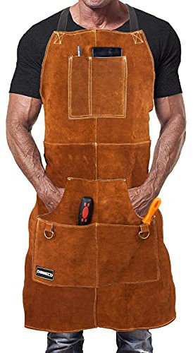 DIMWELD schweißerschürze. Lederschürze Schweißen Herren. Schweißschürze Leder. Schmiedeschürze, Schweisserschürze mit 6 Werkzeugtaschen - Hellbraun