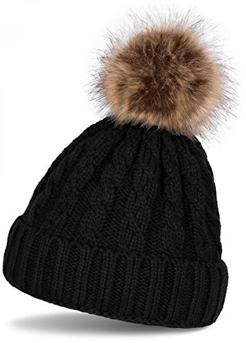 styleBREAKER Gorro con pompón con Motivo Trenzado, Gorro de Punto con pompón de Piel, Gorro Beanie de Invierno, Unisex 04024064, Color:Negro