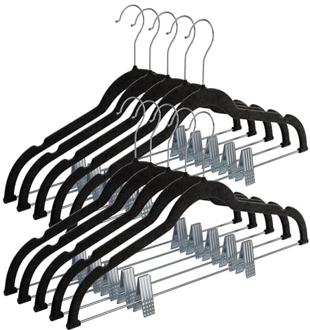 Home-it Pants Hangers With Clips 10 Pack - Black Velvet Non Slip Space-Saving for Pants, Skirts, Coats, Dresses, Tank Tops, Clothes - Felt Ultra Thin