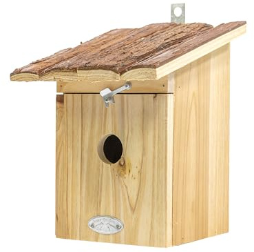 mgc24 Nichoir pour mésange charbonnière - Nichoir pour oiseaux sauvages à suspendre pour jardin et balcon, en bois résistant aux intempéries, aspect naturel avec toit en écorce, 20,3 x 21,2 x 24,4 cm