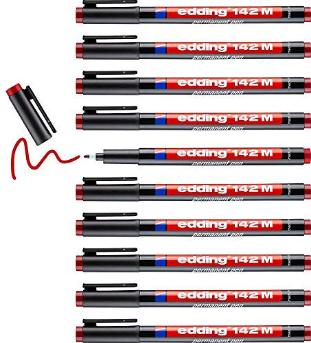 edding 142 M Permanenter Folienschreiber - rot - 10 Stifte - Rundspitze 1 mm - Stift zum Schreiben auf Glas, Kunststoff, Folien und glatten Oberflächen - schnelltrocknend, wisch- und wasserfest