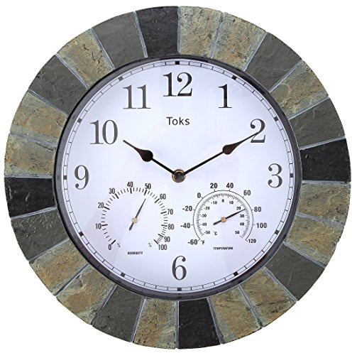 Lily's Home 13 Inch Wall Clock with Thermometer & Hygrometer - Indoor & Outdoor Hanging Clock with Temperature Humidity Gauge, Slate-Look Design for Patio, Garage & Living Room
