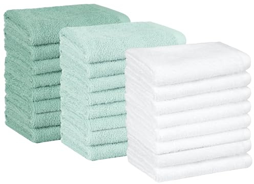 Amazon Basics Cotton Washcloths for Bathroom, Fast Drying, Extra Absorbent, 12 x 12 in, Seafoam Green, Ice Blue, White, 24-Pack