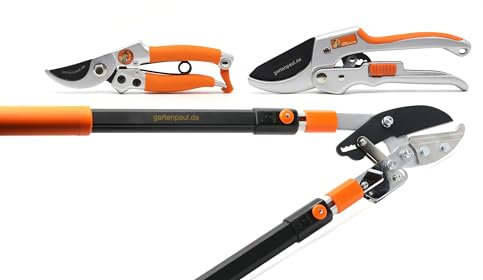 Gartenpaul 3er Set: Astschere Amboss mit Ratschenfunktion und Teleskopgriffen + Ratschengartenschere Premium + Damengartenschere Lady, inkl. kostenloser Gartenpaul Klingenschleifservice