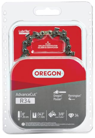 Oregon R34 AdvanceCut Replacement Chainsaw and Pole Saw Chain, for 8 Guide Bars, 34 Drive Links, Pitch: 3/8 Low Profile, .043 Gauge