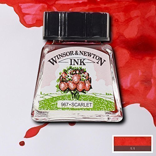 Winsor & Newton - Encre à dessiner 14ml pour Calligraphie - Noir Indien - Scarlet - Ecarlate