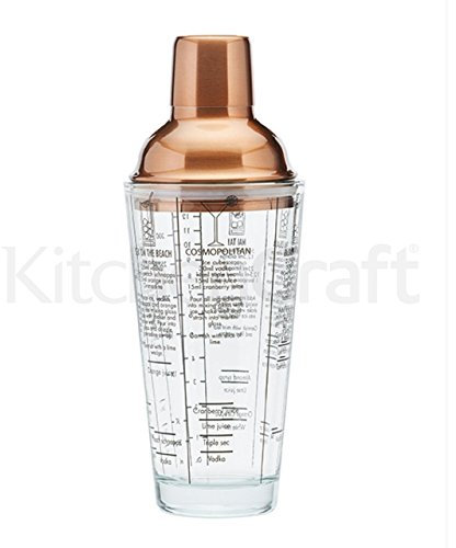 BarCraft - Shaker à Cocktail Gradué avec Recettes Imprimées, Verre/Acier Inoxydable, Finition Cuivrée, 650 ML