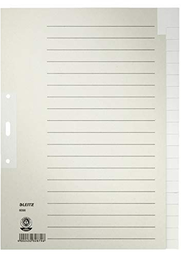 Leitz A4 20 Separador de Pestañas Blanco, Gris, Pestañas Reforzadas y Orificios, 100% Papel Reciclado, Etiqueta Ángel Azul, 60960085