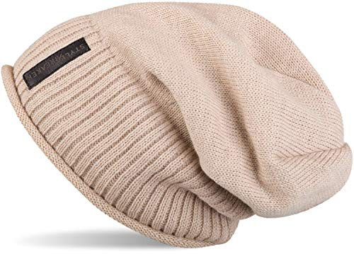 styleBREAKER Unisex Beanie Mütze mit Fleece Innenfutter und Label | Warme Winter Strickmütze aus Feinstrick | Elastische Longbeanie für Damen und Herren, Farbe:Beige