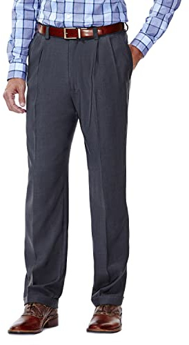 Haggar Men's Repreve Stria Gab Pleat Front Dress Pant,Med Grey Stria,32x32