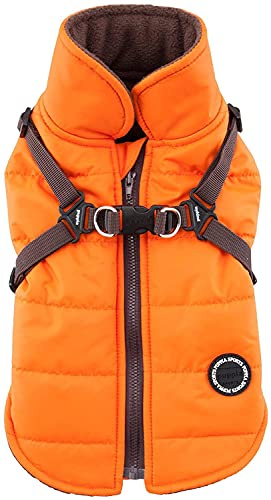 Puppia Mountaineer Winter Dog Coat with integrated harness No Pull Cold Weather Waterproof Warm Fleece Back Zipper for Small & Medium Dog, ORANGE, Large
