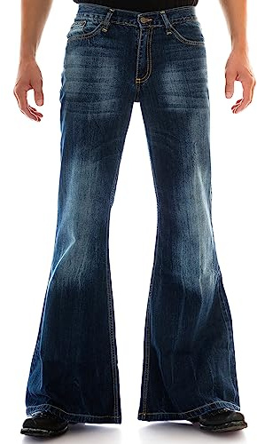 Comycom Mörkblå herrjeans utsvängda byxor Star Burn – 70-talet män slagjeans, Mörkblå, 31W / 32L