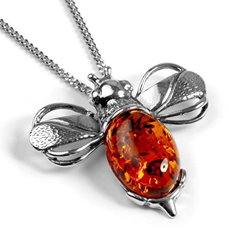 HENRYKA Bumblebee Baltic Cognac Amber and Silver Necklace Pendant, Statement Queen Bee Honey Bee Necklace, Bee Lover Gift