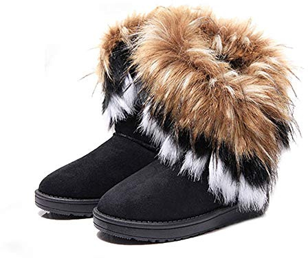 King Ma Women's Faux Fur Tassel Winter Snow Boot Suede Flat Ankle Boots